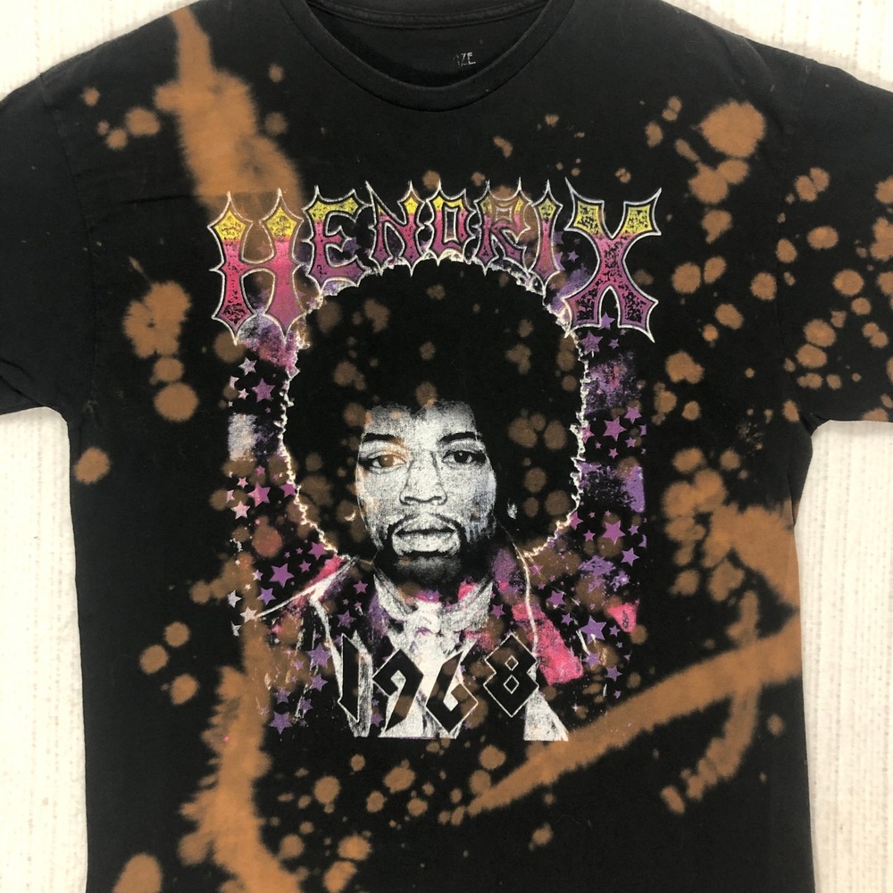 Jimi Hendrix 1968 Graphic T-Shirt Bleach Splatter Black Short Sleeve Mens Medium